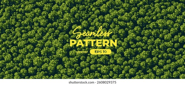 Seamless pattern. Top view of a forest. View from above. Green trees. Wild nature landscape. Car on a winding road. Countryside highway. Mountain serpentine. Vector illustration. Adventure banner.