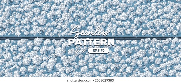 Seamless pattern. Top view of a forest. View from above. Trees under white snow. Winter. Wild nature landscape. Car on a road. Countryside highway. Vector illustration. Adventure banner.