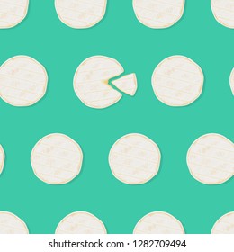 Seamless pattern with top view of fresh creamy camembert de Normandie cheese, one with a cut out piece. Traditional french dairy product. Vector seamless pattern. 