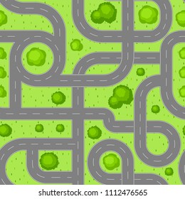 Seamless pattern top view of roads. Crossroads and junctions with trees and grass in countryside.