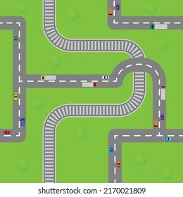 Seamless pattern top view of roads. Crossroads and junctions with cars in countryside.