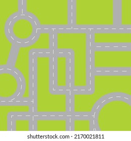 Seamless pattern top view of roads. Crossroads and junctions with trees and grass in countryside.