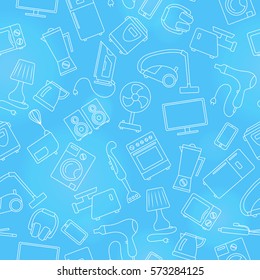 Seamless pattern topic of household appliances, a light outline on a blue background