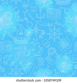 Seamless pattern of the topic of piracy and sea travel outline icons, light contour on blue background