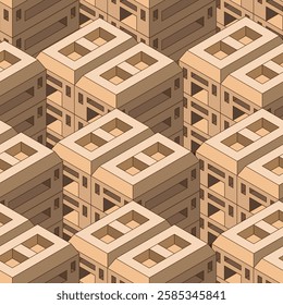 Seamless pattern with tops of multi-story buildings. City development - top view. Isometric. Vector illustration