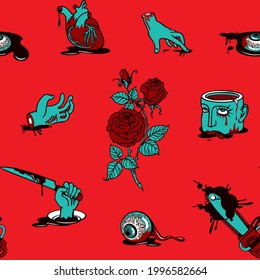 Seamless pattern with torn out human heart and eyes, severed head and hands in a bloody puddles. Repeating vector background with terrible cartoon pictures on a red backdrop. Halloween party style