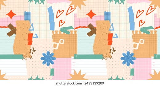 Seamless pattern with torn paper, notebook sheets. Collage background for poster, social media, banners. Trendy vector illustration.