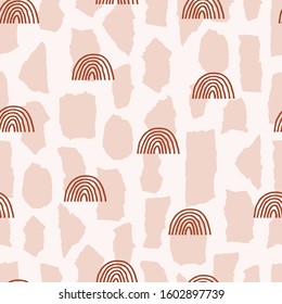 Seamless pattern of torn paper pieces and rainbow of different shapes in pastel colors on white background. Stock vector illustration