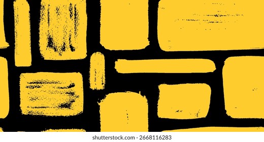 Seamless pattern of torn sticker shapes for kids, featuring a freeform collage of grunge marker, wax and charcoal painting. Vector wallpaper child style draw template in yellow on black blackboard