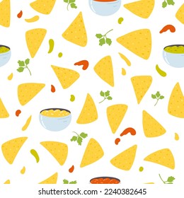 Seamless pattern with tortilla chips in cartoon flat style. Hand drawn vector background with nachos tortillas, mexican food