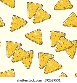 Seamless Pattern With Tortilla Chips. Doodle Hand Drawn Vector Illustration.