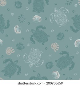 Seamless pattern of the tortoises, shells and shrimps