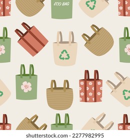 Seamless pattern with tote bags. Ecological reusable canvas bags.