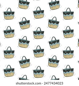 Seamless pattern of tote bags with wave-like designs in shades of blue and beige, giving a nautical and serene vibe, isolated