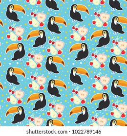 Seamless pattern Toucan Bird and the apple pear strawberry cherry on blue background. Vector