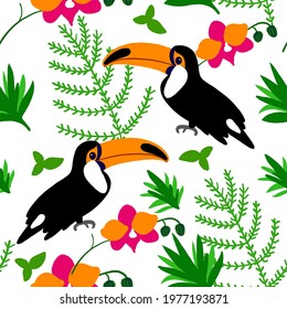 Seamless pattern Toucan bird cartoon character, decorative leaf, orchid flower, Cute vector illustration isolated on white backround, decorative exotic backdrop, wild animal for design wallpaper