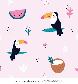 Seamless pattern with toucan bird, coconut, watermelon. Summer print with exotic birds and cartoon jungle plants. Isolated on pastel background