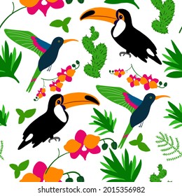 Seamless pattern Toucan bird hummingbird cartoon character, decorative leaf, orchid flower, Cute vector illustration isolated on white backround, decorative exotic backdrop, wild animal for design