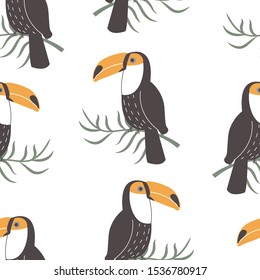 Seamless pattern with Toucan bird on palm branch. Vector illustration for printing on fabric, postcard, wrapping paper, book, picture, Wallpaper. Cute baby background.
