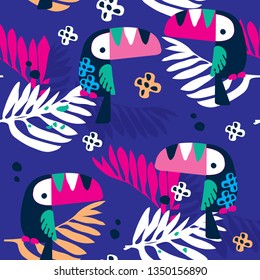 seamless pattern with toucan bird and palm leaf vector illustration