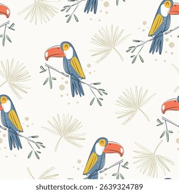Seamless pattern with toucan bird and palm leaves line art vector illustration for apparel, textile, print, wrapping paper, clothing, background and others