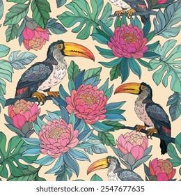 Padrão contínuo com pássaro tucano, folhas tropicais e flores exóticas, plantas verdes da vida selvagem e folhagem fresca da selva. Objetos isolados de ilustração vetorial