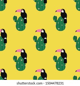 Seamless pattern with Toucan and cactus. Exotic background