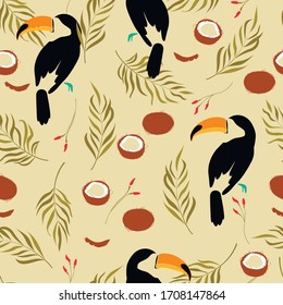 seamless pattern with toucan and coconuts.Exotic birds in a minimalist, abstract style, hand drawn illustration