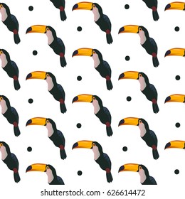 Seamless pattern with toucan and dots on white background