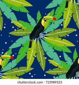 seamless pattern Toucan  exotic bird on the star sky on palm Vector illustration