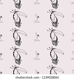 Seamless pattern with toucan and flamingo. Line drawing tropical birds vector seamless background. Paradise symbols on pink backdrop.