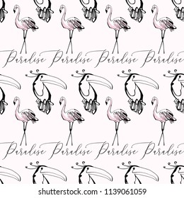 Seamless pattern with toucan and flamingo. Line black drawing tropical birds vector seamless background. Paradise symbols on white backdrop.