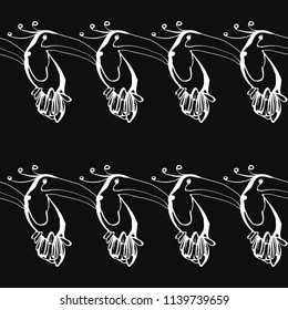 Seamless pattern with toucan and flamingo. Line drawing tropical birds vector seamless background. Paradise symbols on black backdrop.