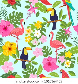 Seamless pattern with toucan, flamingo, tropical leaves and flowers on background