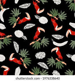 seamless pattern with toucan, fruits and tropical leaves, vector design for paper, fabric and other surface