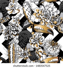 Seamless pattern. Toucan and a gold-silver exotic succulent and cacti on a black and white geometric background. Textile composition, hand drawn style print. Vector illustration.