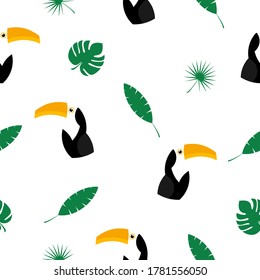 Seamless pattern toucan illustration.  Vector background with colorful toucans and tropical leaves.