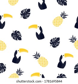 Seamless pattern toucan illustration.  Vector background with colorful toucans, pineapples and tropical leaves
