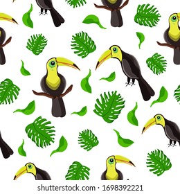 Seamless pattern with Toucan and leaves. Tropical vector illustration with a wild bird. Tropical green plants on a white background. Summer design for making a gift. Printing on fabrics, wallpaper.