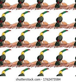 Seamless pattern toucan and palm branches. Beautiful drawings. art print for travel and leisure, fashion, spa and wellness, weddings, wallpapers, wrapping paper, scrapbooking