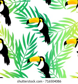 Seamless pattern with toucan and palm branches on white background. Vector summer background.
