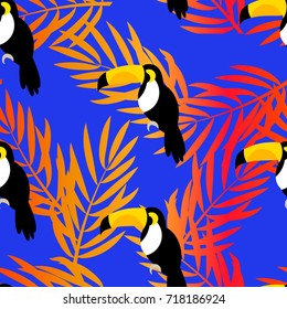 Seamless pattern with toucan and palm branches for textiles and wrapping. Vector summer background.