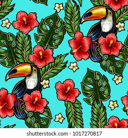 Seamless pattern with toucan, palm leaves and hibiscus embroidery. Tropical texture for print.