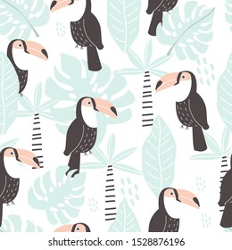 Seamless pattern with Toucan and palm leaves. Vector illustration, with the image of birds, for printing on t-shirts, postcards, pictures, fabric, dishes, packaging paper. Cute children background.