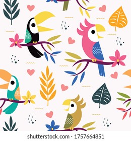 Seamless pattern with toucan and parrot character.