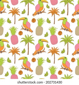 Seamless pattern with toucan, pineapple, palm, lime, mint.