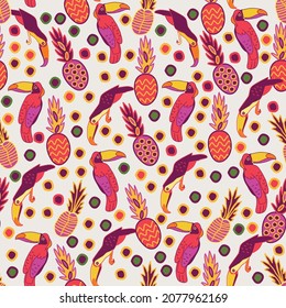 seamless pattern with toucan and pineapples, vector design for paper, fabric and other surface