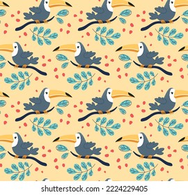 Seamless pattern with toucan. Repeating design element for printing on fabric. Tropical and exotic bird. Symbol of jungle and summer season. Flora and fauna. Cartoon flat vector illustration