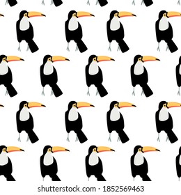 Seamless pattern with toucan - tropic bird. Cartoon character.