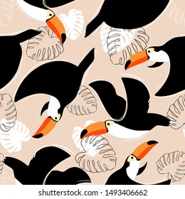 Seamless pattern with Toucan. Tropical background. Hand drawn vector illustration. Perfect for prints, fabric, invitations, packing.